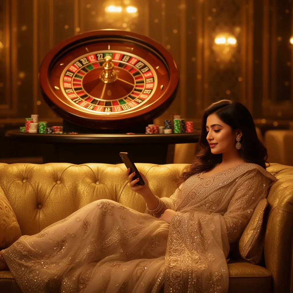 GB66 App – Enjoy immersive casino gaming anytime on your mobile device Elegant Bangladeshi woman relaxing on a luxury sofa while using the GB66 casino app with a glowing roulette wheel and casino chips in the background