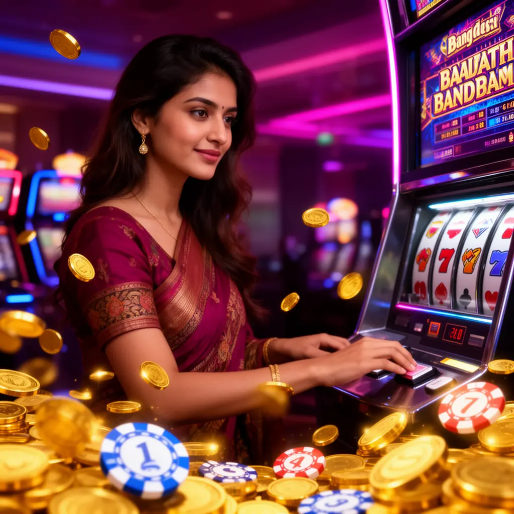GB66 – Discover premium slot games built for Bangladeshi players Side view of a focused female player enjoying high quality slot games at GB66 casino with bright lights and casino atmosphere in Bangladesh
